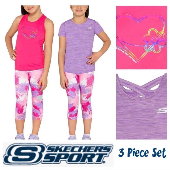 NEW! NWT SKECHERS Girls Kids 3 piece Activewear Set in colors Purple and Pink - Picture 1 of 10